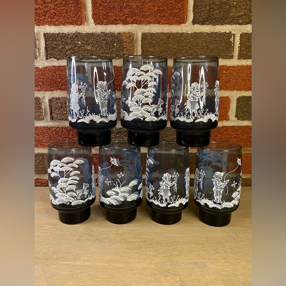 VTG Lot 7 Mary Gregory 6‎ Smoke Blue Painted Fishing Boy & Girl Drinking Glasses